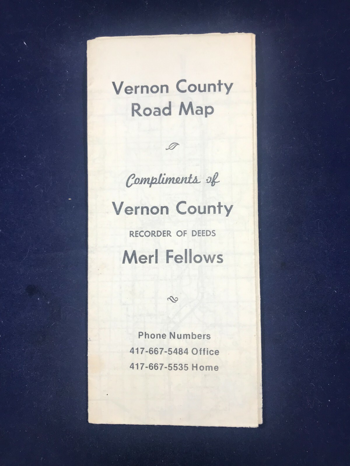 Vintage Vernon County MO Road Map Compliments of Recorder of Deeds Merl