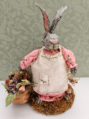 Vintage Paper Mache ''Flower Girl''  Bunny Rabbit Hat Basket Signed Bollinger 8''