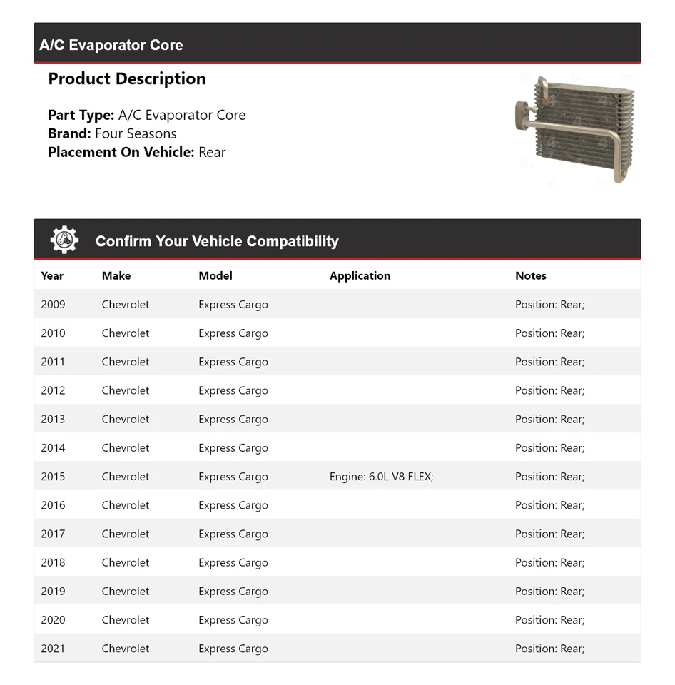Para Chevrolet Express Cargo 2009-2021 Evaporador A/C Núcleo Trasero 4 Temporadas 2010 Foto 2 de 4