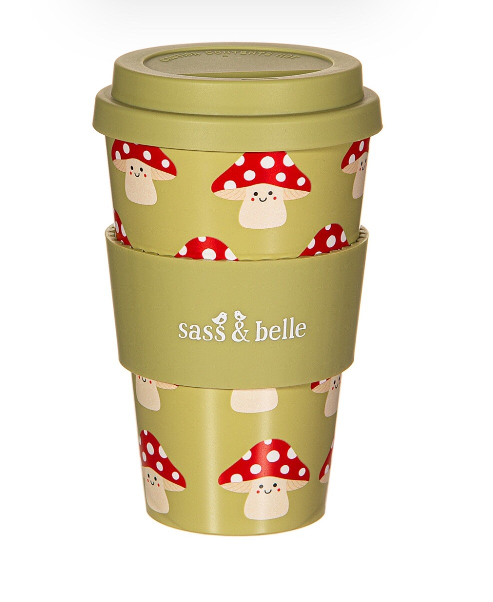 Sass & Belle Mushroom Re-Usable Travel Coffee Cup Mug silicone lid & sleeve