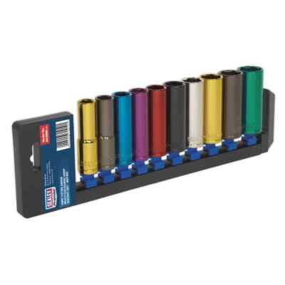 Sealey Multi-Coloured Socket Set 10pc 1/2''Sq Drive 6pt Deep WallDrive  Metric...