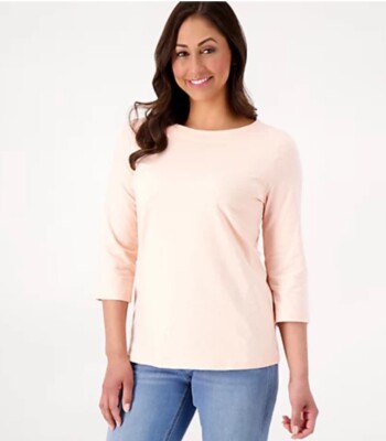 Denim & Co. Essentials Textured Knit 3/4 Sleeve Boat Neck Top Peach Sorbet 1X A5