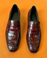 Handmade Shaded Brown Crocodile Leather Slip Ons Shoe, Office Shoe, Dress Shoe