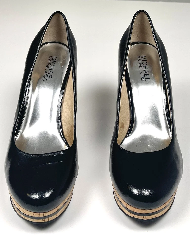 MICHAEL KORS Mujer EE. UU. 8M Cuero Negro Dermott Rayas Corcho Plataforma BOMBAS USADAS EN EXCELENTE ESTADO Foto 3 de 4