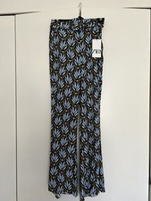 NEW ZARA WOMAN LEAVES FLORAL BLUE GREEN HIGH WAIST PANTS SZ XS