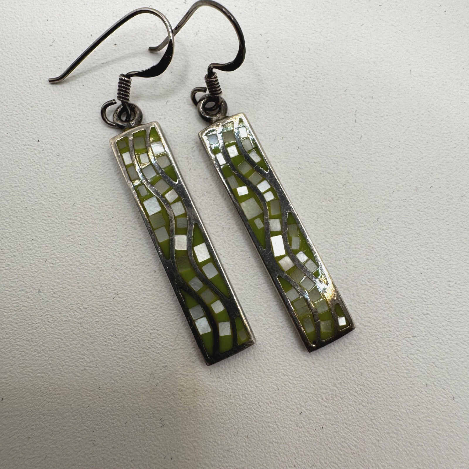 Mosaic Dangle Earrings Wavy Pattern White and Lig… - image 5