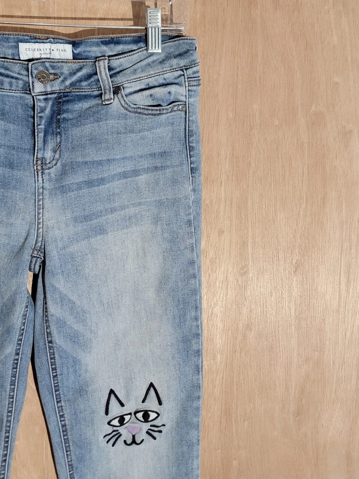 Vaqueros Celebrity Rosa Niñas Talla 16 Ajustados Elásticos Bordados Gato tiro medio Azul Foto 3 de 4
