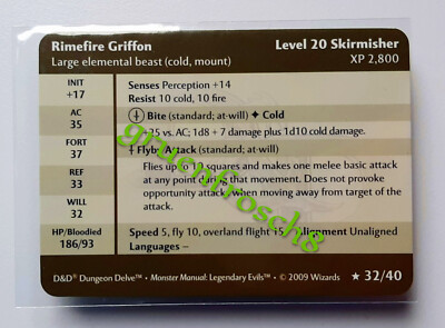  RIMEFIRE GRIFFON  32 RARE  DDM MONSTER  LEGENDARY EVILS 2009  D&D STATS CARD