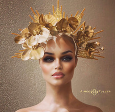 Kentucky Derby Hat Big Royal Ascot Fascinator Gold Floral Orchids Lady Gaga Hat