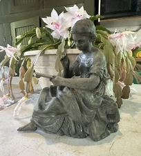 Cast Bronze Spelter Statue - Young Woman Sitting Tablet - Art Nouveau, Victorian