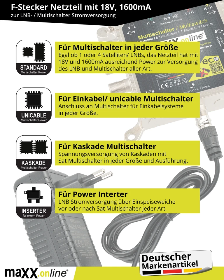 Netzteil 18V 1600mA mit F-Stecker, Universal Netzteil Sat/unicable Multischalter - Bild 3 von 4