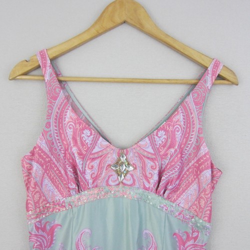 Miss Shop Dress Womens 10 Pink Grey Paisley Sequins Sleeveless Flared Satin Boho - Picture 2 of 17