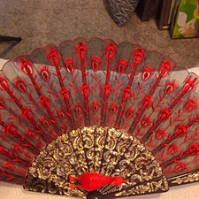 Lace Folding Fan Black Red Gold Floral Design Victorian Formal Made in Taiwan