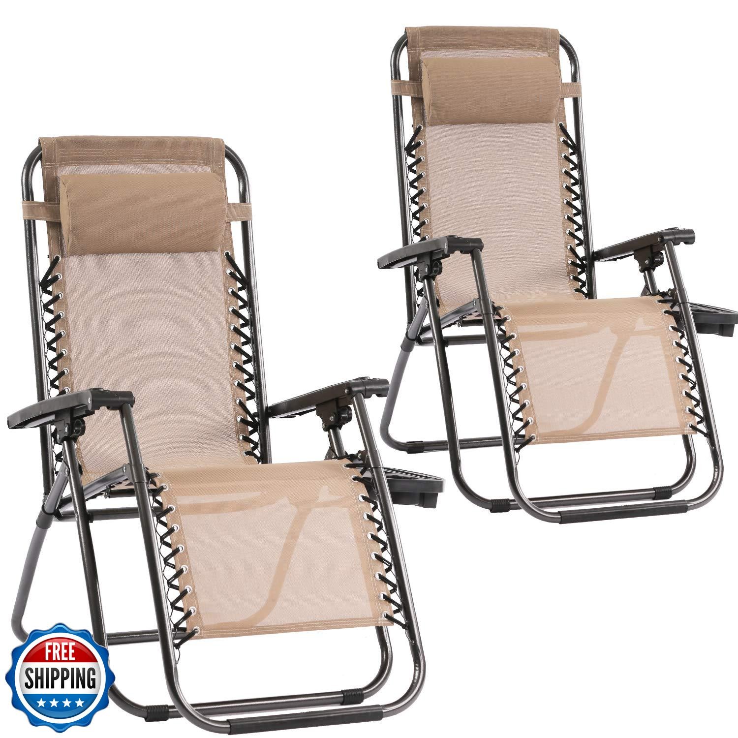 Set of 2 Zero Gravity Chairs Lounge Chair with Pillow and Cup Hol