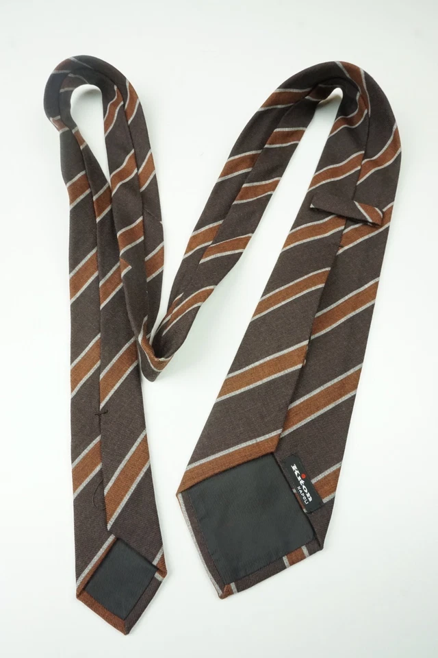 Kiton 棕色条纹 100% 羊毛七折领带 意大利制造 全新 — 第 4/4 张图片