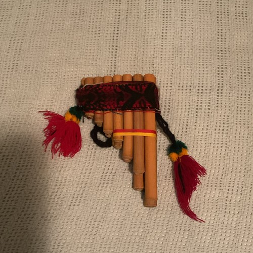 Bamboo Pan Flute Pipe w/ Woven Strap & Tassels, Brown/Red/Black 7x4in