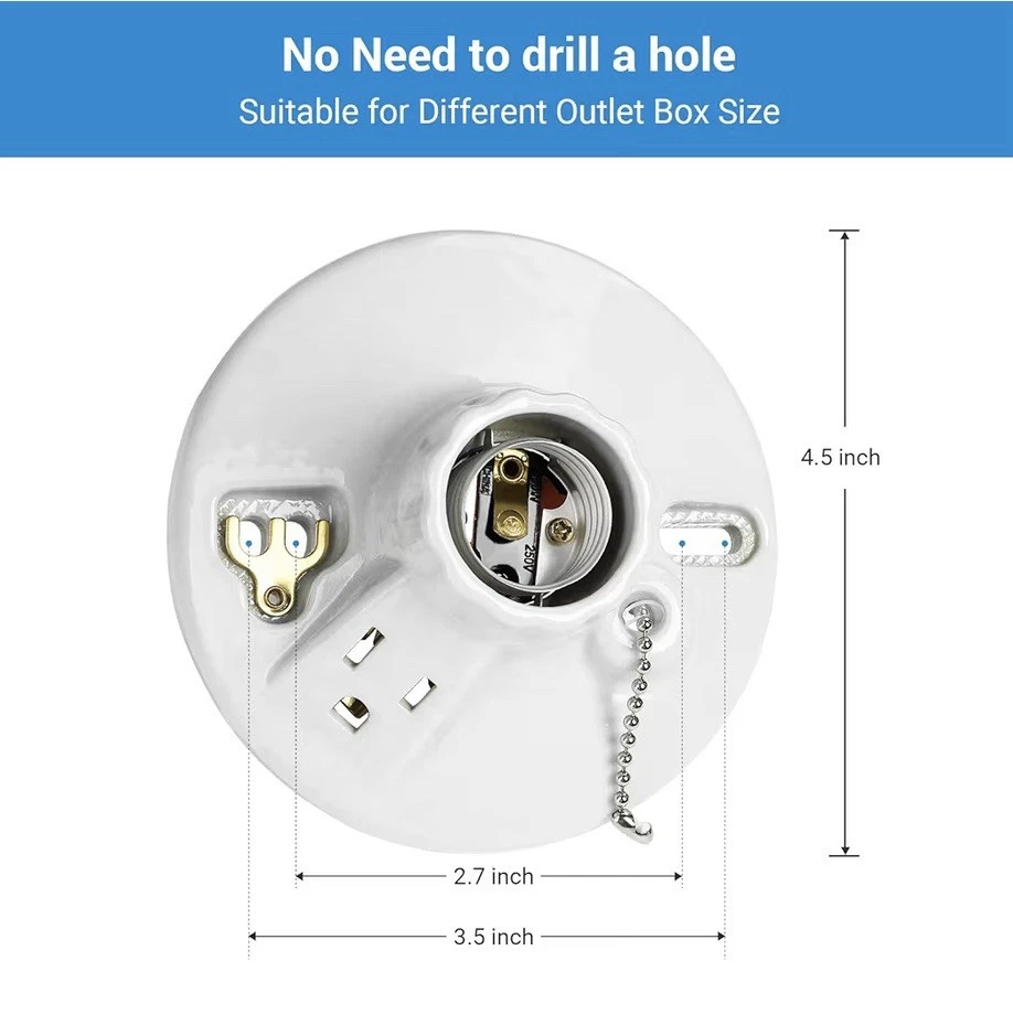 2 Pack Light Socket with Grounded Outlet, Pull Chain E26/E27 Base - Image 4 of 4