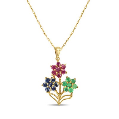 Basket full of Emerald, Sapphire & Ruby Flowers 14k Yellow Gold