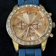 Gold Tone Rhinestone Bezel Womens Watch Blue Silicone Strap Quartz. New Battery