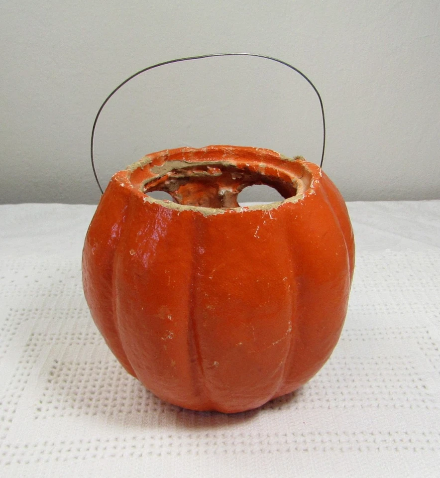 Vintage Halloween Paper Mache  Pumpkin Choir Boy Jack O Lantern Bucket 5" - Image 2 of 4