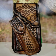 Native American Leather Phone Holstor With Knife Sheath Handtooled Sz LARGE 7x4"