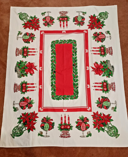 Vtg Mid Century Rectangle Christmas Tablecloth Holly Candles 62" x 50" Cotton