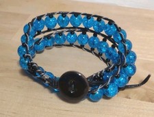 Vibrant Blue Crackle Bead Double Wrap Beaded Leather Bracelet