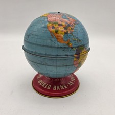 Vintage . Ohio Art 4" Litho Steel Globe Bank -Late 1940s Tin Litho World Globe