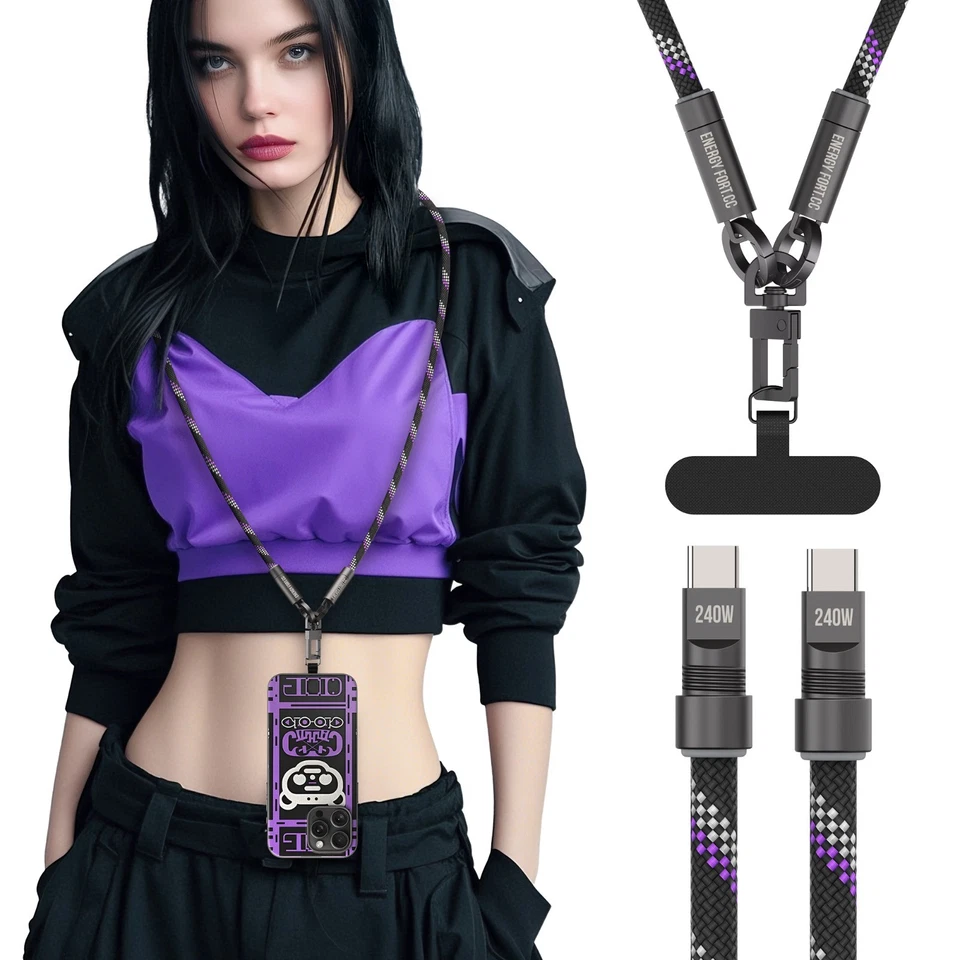 USA Phone Lanyard Crossbody Built in USB-C Fast Charging Cable with 2 Phone Tabs - Image 2 of 4