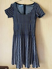 USED PRADA CHECKERED DRESS, SIZE 44, NAVY, FLARED DRESS/SKIRT. GOOD