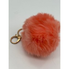 Faux Fur Pom Pom Keychain Coral Pink Peach Gold Tone Bag Charm Accessory