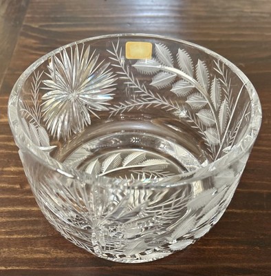 Vintage Lausitzer Crystal Bowl Hand-Etched Floral/Leaves; East Germany 7 x4.75 