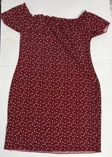 Women’s Burgundy White Polka Dot Off Shoulder Short Sleeve Bodycon Mini Dress L