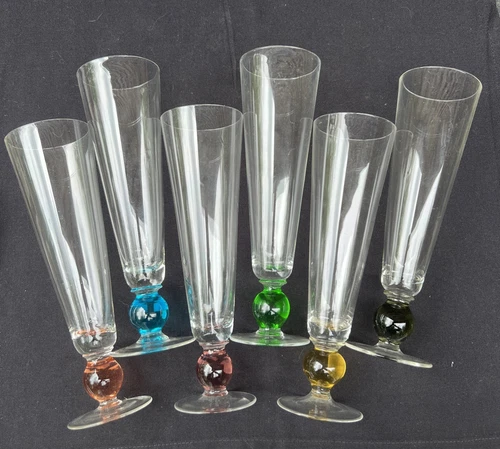 MCM Multi-Color Ball Stem Cocktail Champagne Glass Pilsner Barware  Set of 6
