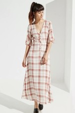 Urban Outfitters Women's Brown Plaid V-neck Button Up Bodice Short Sleeves S-P