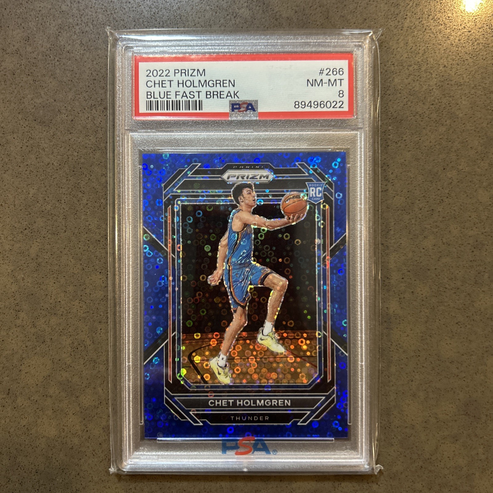 2022-23 Panini Prizm Chet Holmgren Prizm Fast Break Blue RC #/150 Thunder PSA 8