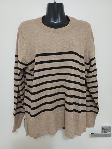 Anko Womens Knit Jumper Size 16 Beige Tan Black Striped Crew Neck Side Split