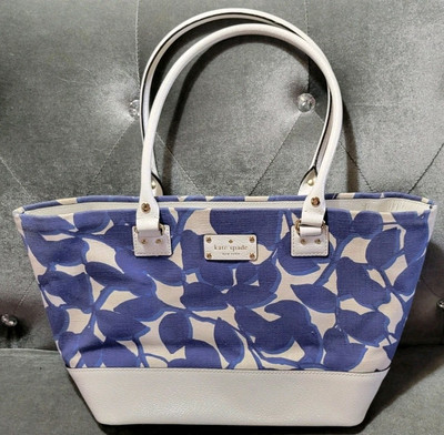 KATE SPADE HARMONY WELLESEY LEAVES Blue/White Canvas/Leather Tote Lg Purse, NWOT