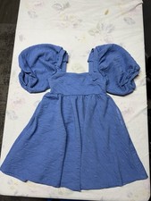 Free People Blue Puff Sleeve Mini Dress XS Bow Tie Geometric Knit