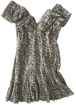 Minkpink Women's Cotton Floral Mini Dress, Stretchy Ruching, Flutter Sleeves, M