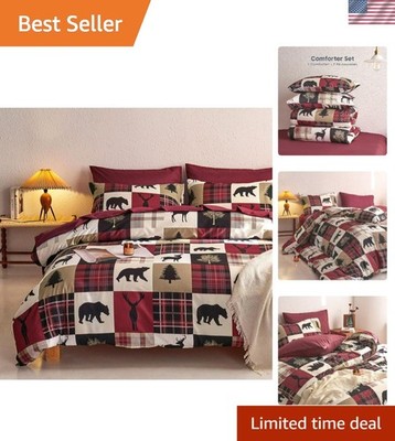 Cozy Rustic Patchwork Comforter Set - Full Size Deer and Bear Theme, 3 Pieces