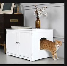 White Wooden Cat House Litter Box Enclosure Cabinet w/ Door, Vent, 29.5x20.75