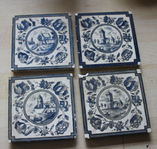 Alte Fliesen Kacheln 4 Stück 15cm blau-weiß Landschafts Dekor Haus Baustoffe 