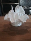 Fenton Vintage Ruffled White Hobnail Milk Glass Triple Trumpet Vase Epergne