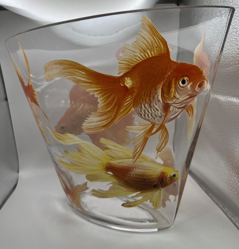 Koi Swimming Goldfish Art Glass Vase 8.75" X 11" Orange Clear