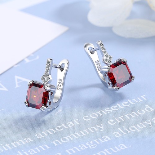 Women 925 Sterling Silver Red square zircon earrings hoop huggie charm jewelry - Picture 1 of 13