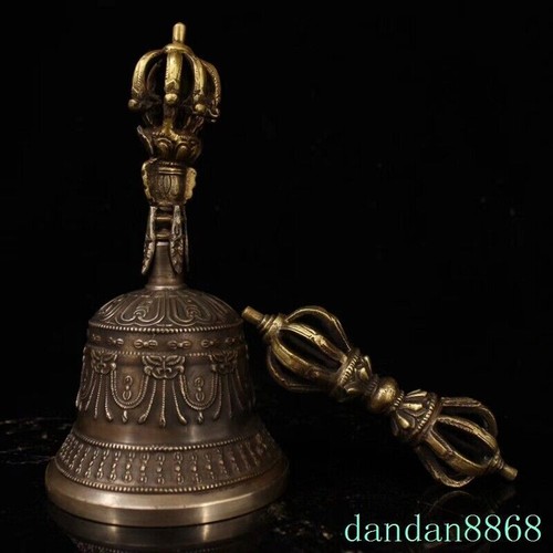 7.2" Tibet Buddhism bronze Tibetan silver Tara Guanyin head Vajra faqi Bell suit - Picture 2 of 9