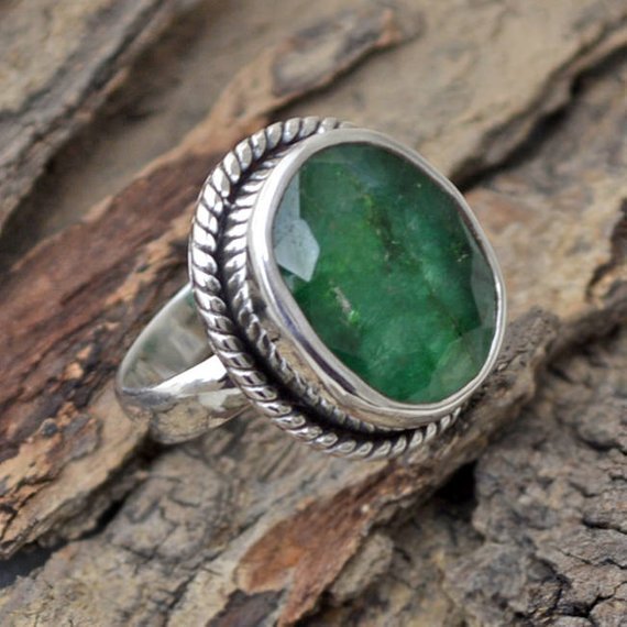 925 Sterling Silver Raw Emerald Gemstone May Birthstone Designer