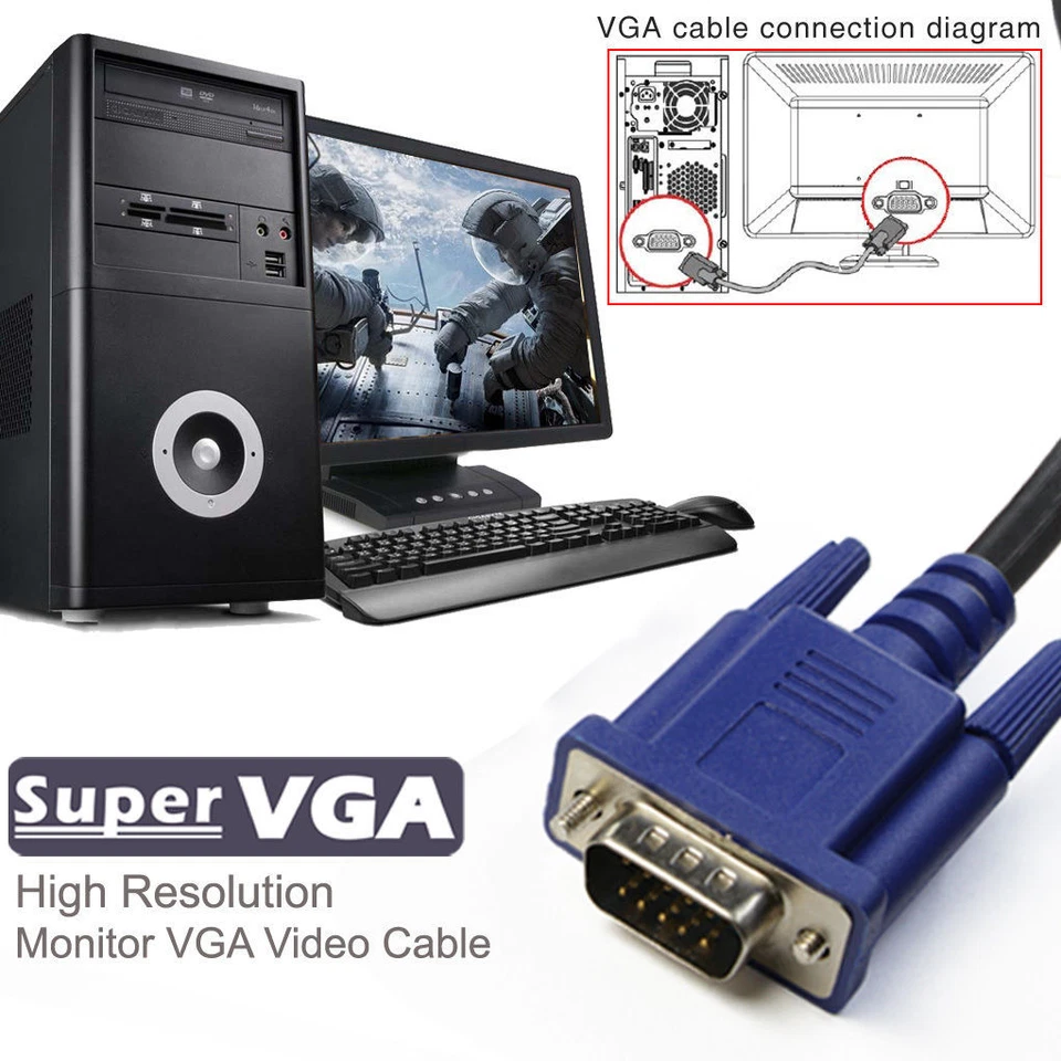 SVGA SUPER VGA Monitor 15 PIN M/M Macho a Macho Cable CABLE PARA PC TV HDTV Azul EE. UU. Foto 3 de 4