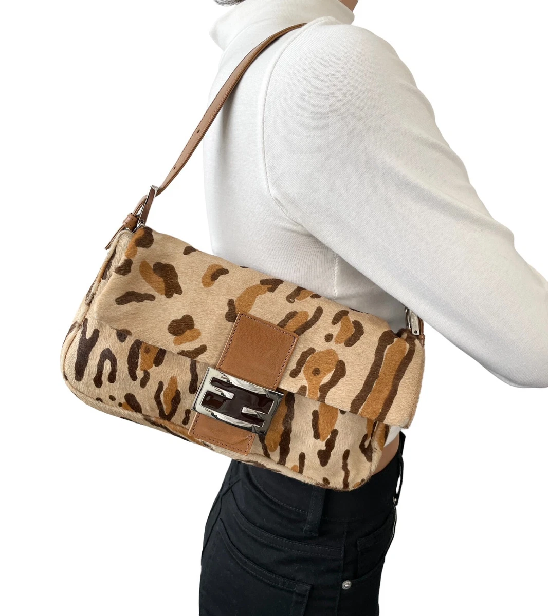 FENDI Vintage FF Logo Leopard Mamma Baguette Shoulder Bag Calf